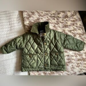 Quilted Olive Green Kids Puffer Jacket with Corduroy Collar